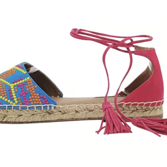 NEW Aquazzura Palm Springs Tassel Espadrille Sandals Size 38 Pink Blue S… - Picture 6 of 6